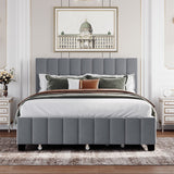 Wood Bed Frame, Queen Size Velvet Upholstered Platform Bed with 2 Drawers
