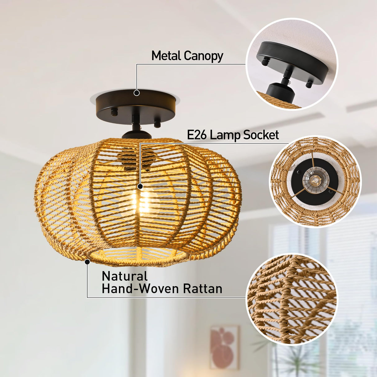 Boho Light Fixtures Ceiling Mount, Mini Bohemian Rattan Chandelier Light Fixture,