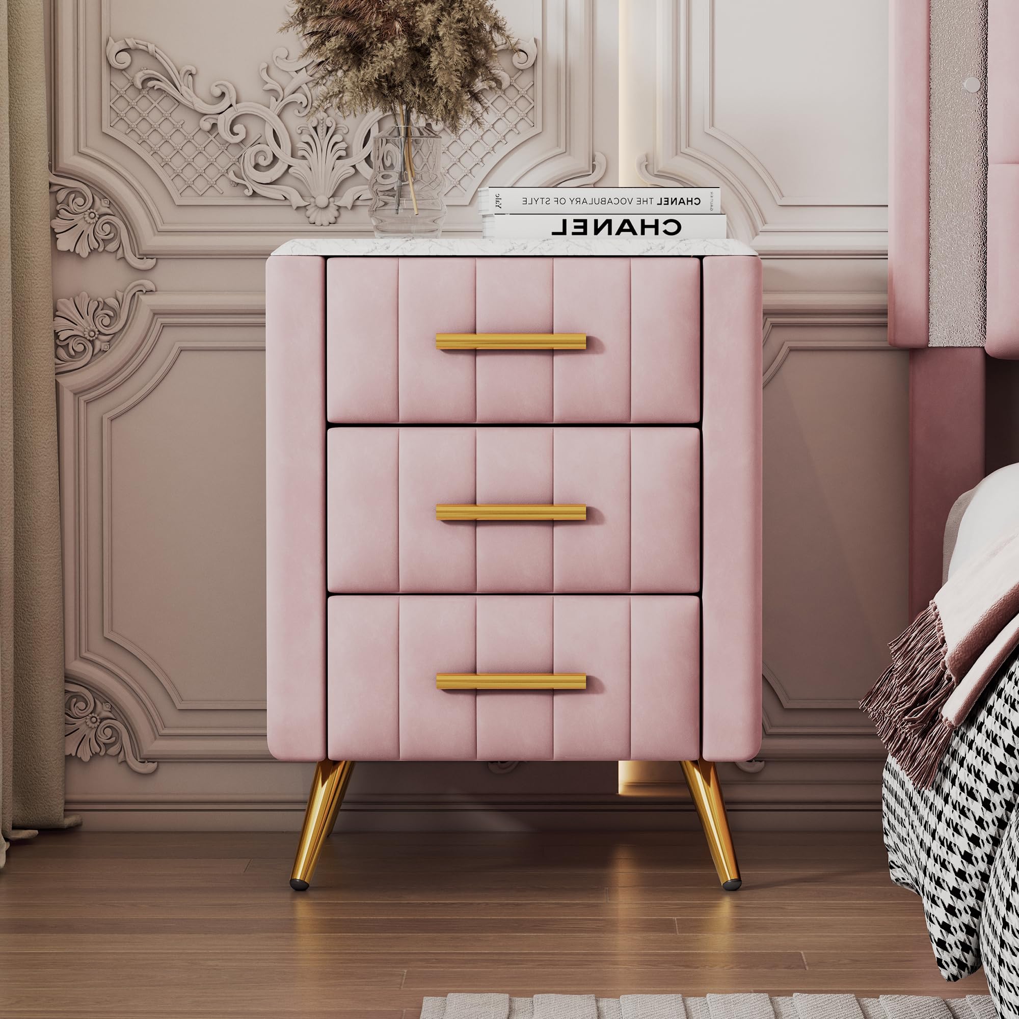 with 3 Storage Drawers, Upholstered Wood Bedside End Table