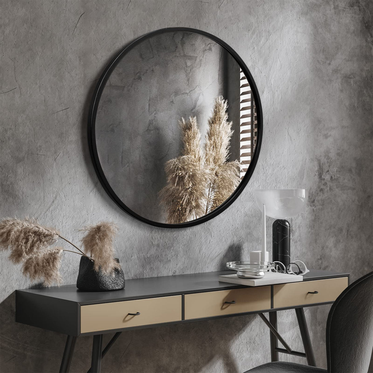 Black Round Wall Mirror, 24 Inch Rustic Matte Mirror for Bathroom, Entry, Dining Room,