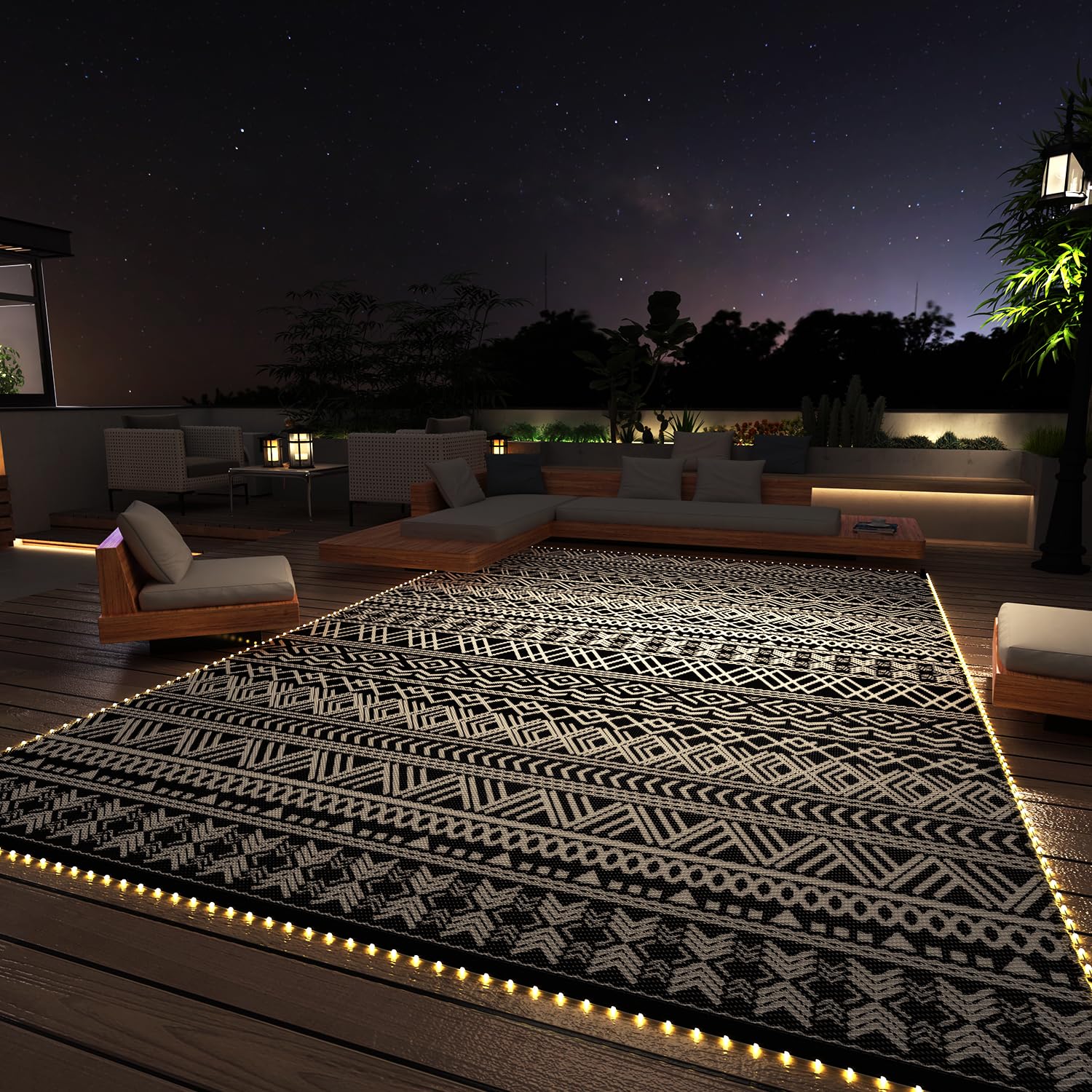 -Outdoor Rug Carpet 6x9 ft for Patio RV Camping with Led Strip