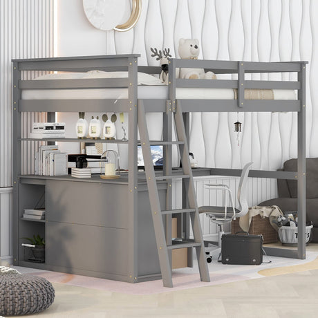 Full Size Loft Bed with Desk and Shelves