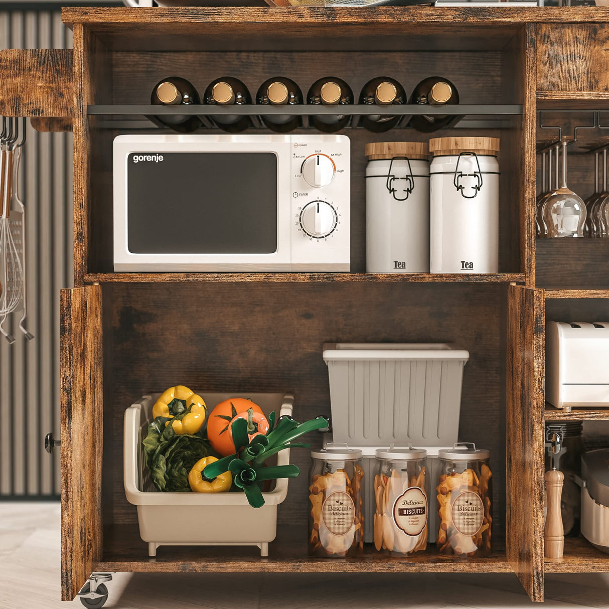 Rolling Kitchen Island Cart with Drop-Leaf and Wine Rack