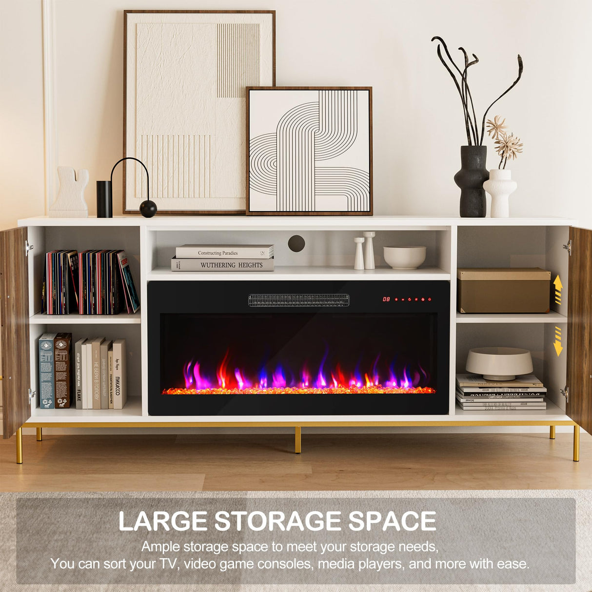 68" Wood TV Stand with 36" Electric Fireplace - White Ebony