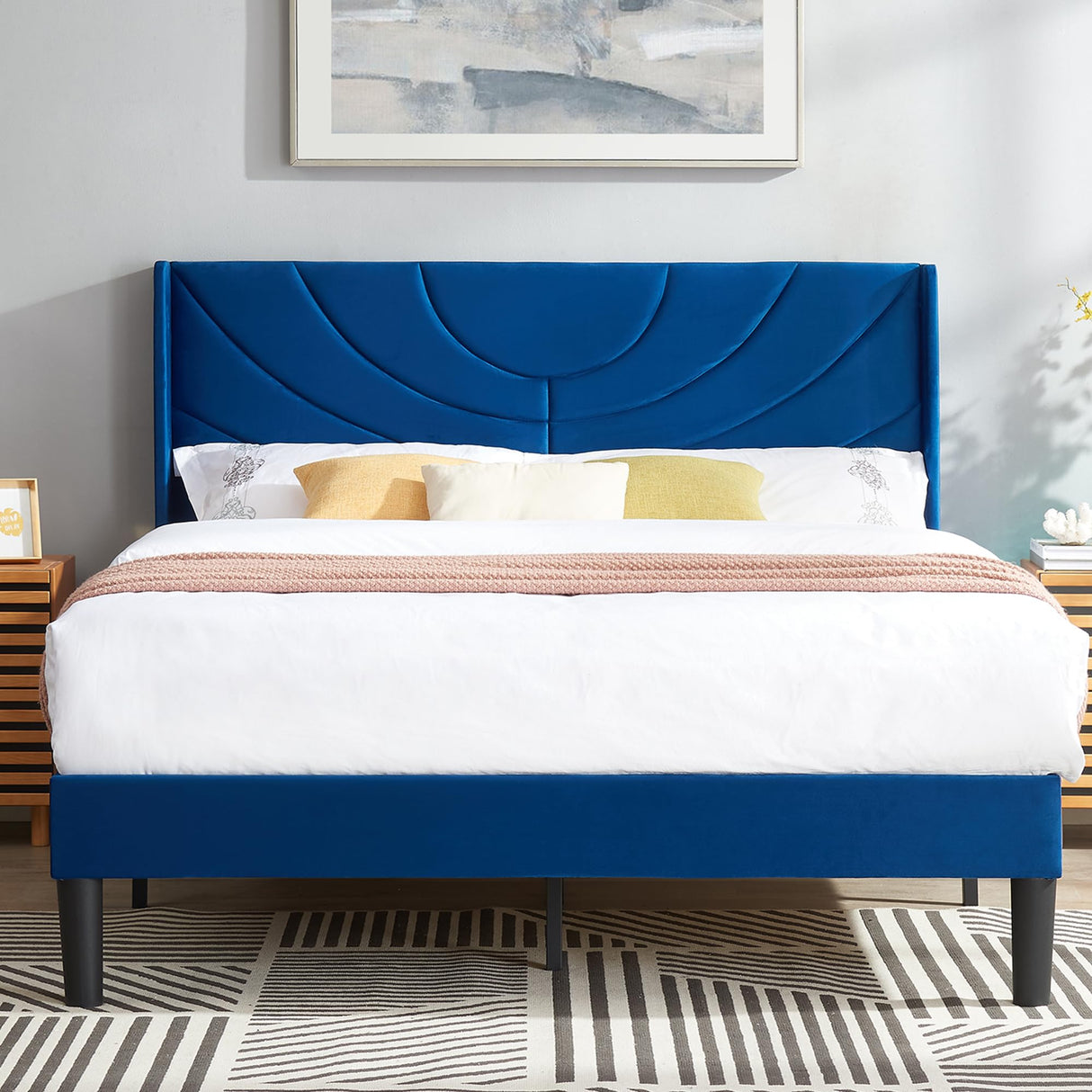 Full Size Upholstered Platform Bed Frame with Wave Fabric Headboard