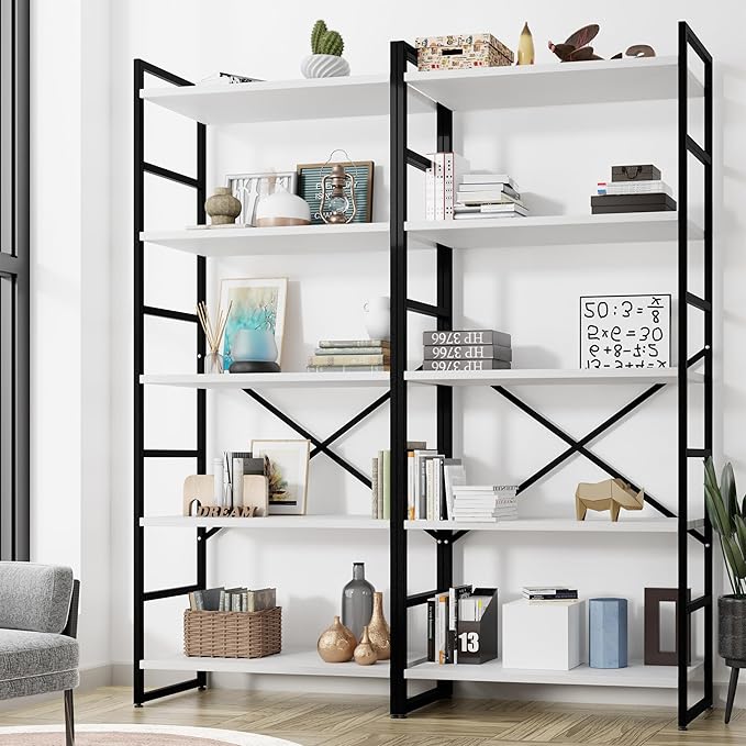 2 Pieces 5 Tiers Bookshelf, Classically Tall Bookcase Shelf, Industrial Book Rack