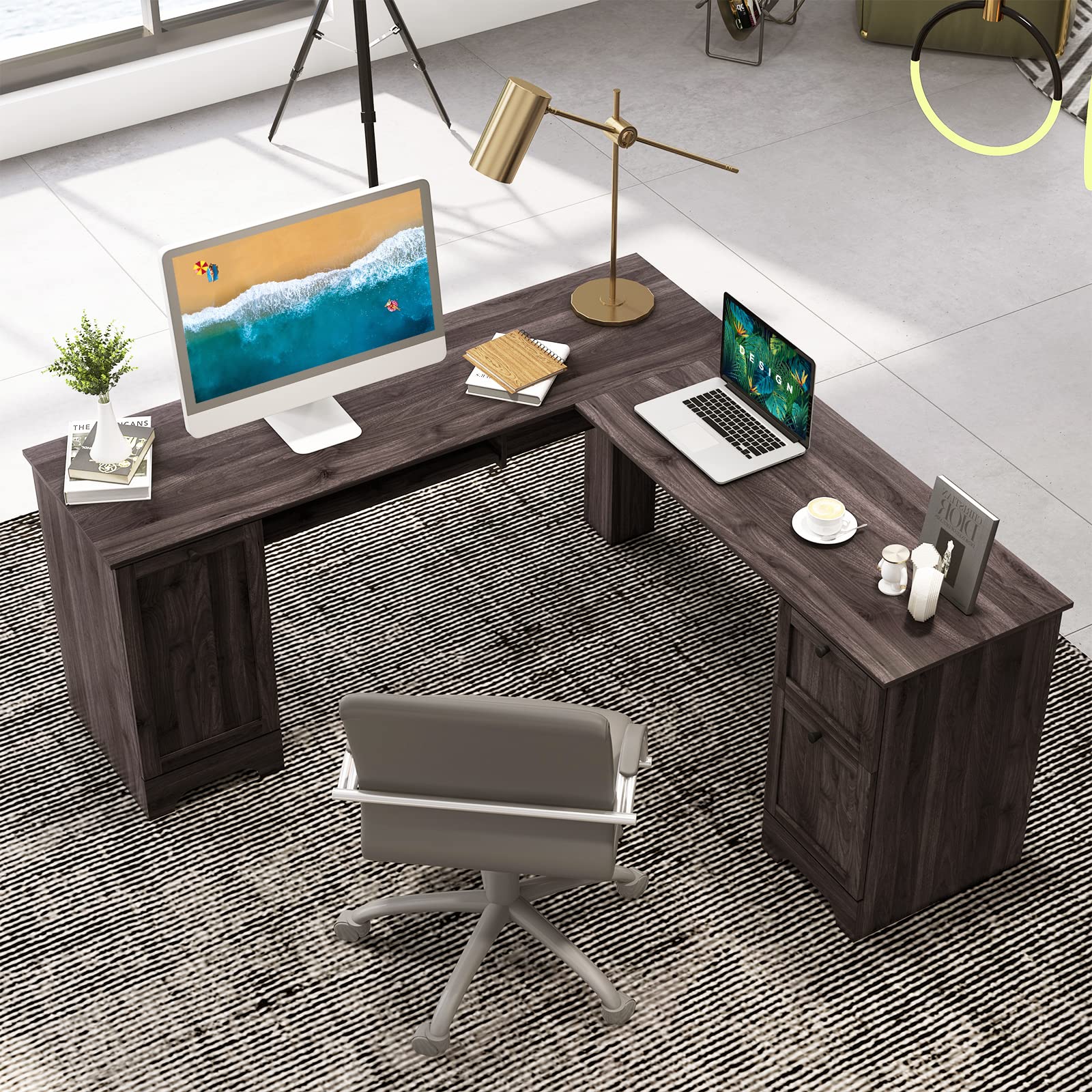 LuxeSpace L-Shaped Office Desk with Storage & Ergonomic Keyboard Tray