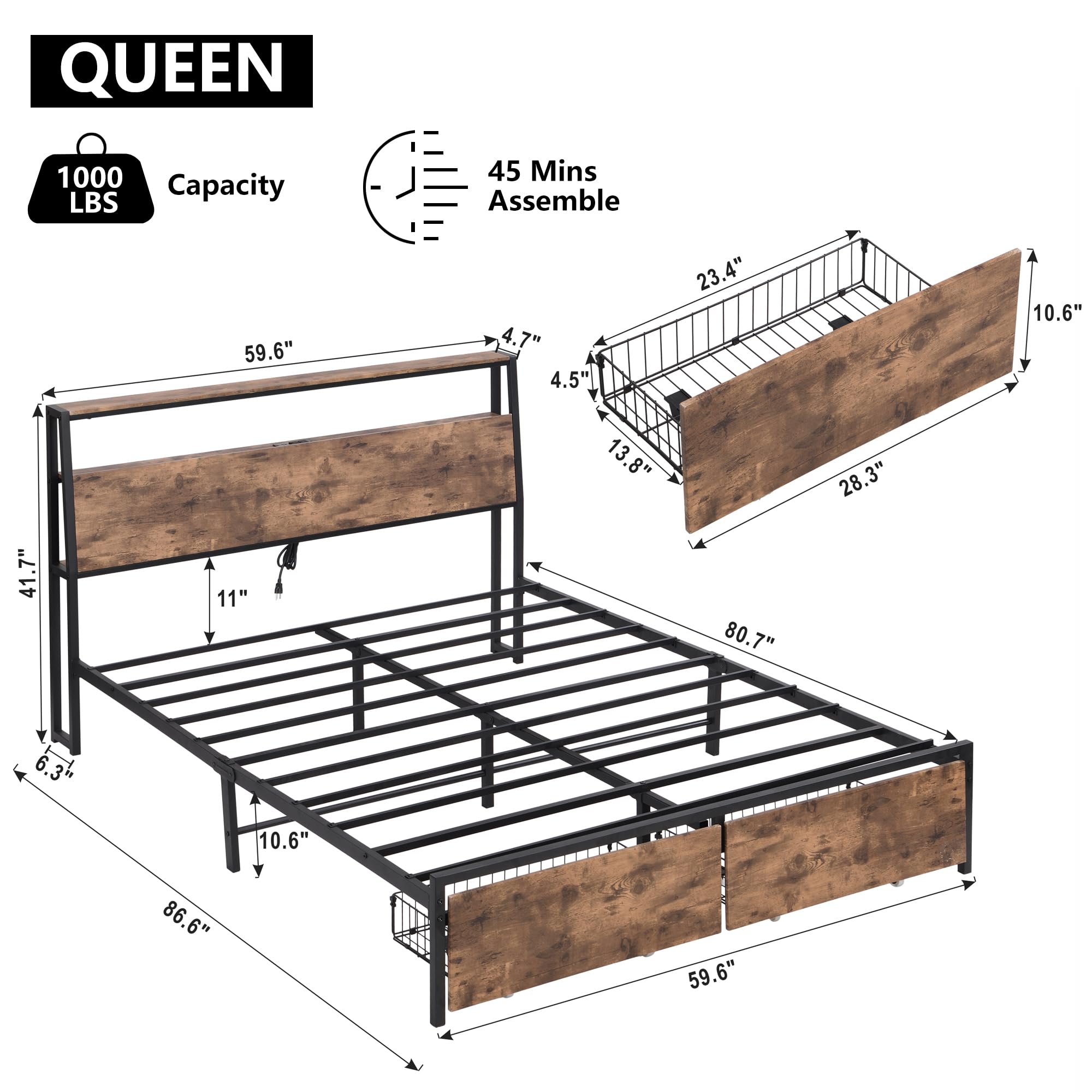 Queen Size Bed Frame with Ergonomic Headboard, Platform Bed Frames Queen
