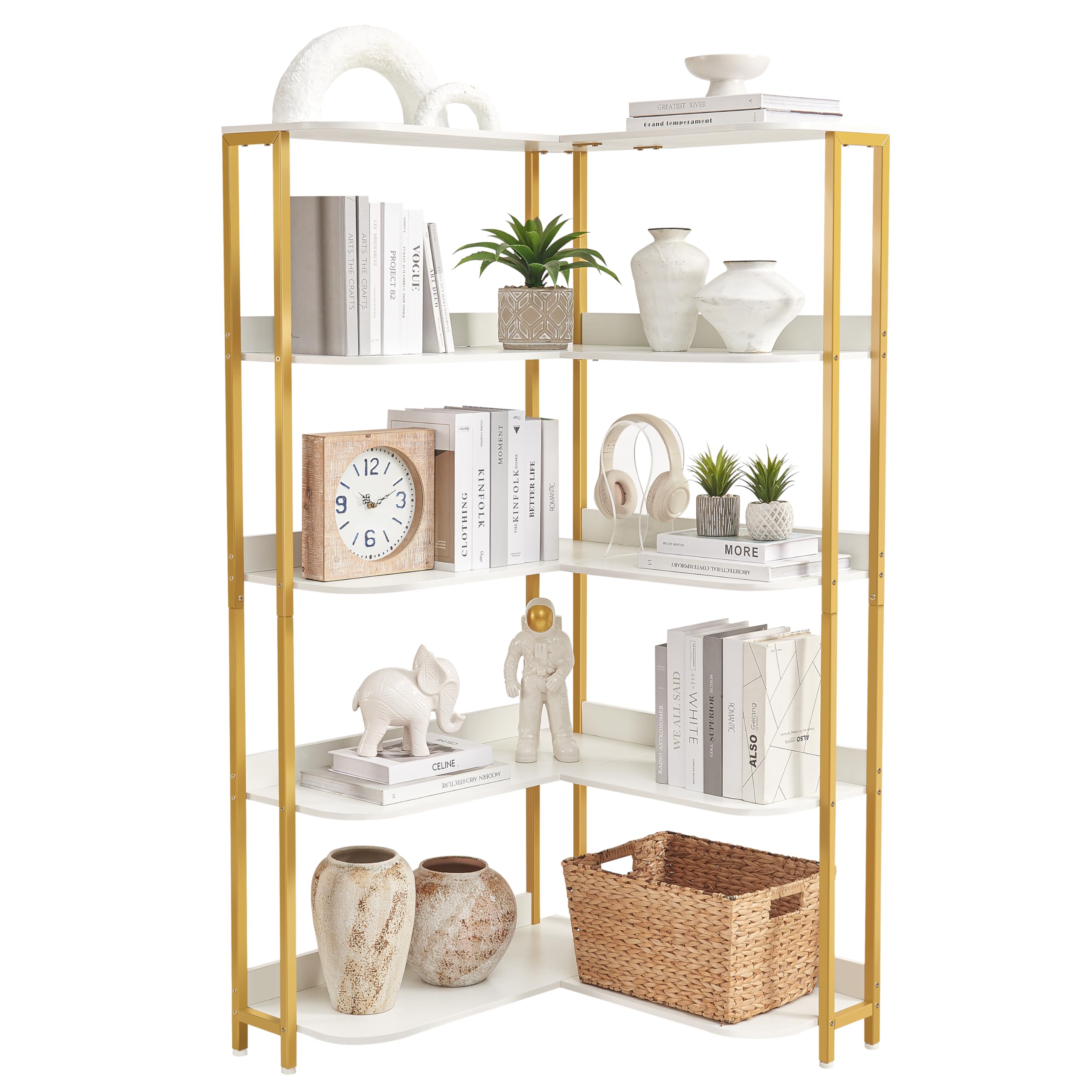 Gold L-Shaped Bookshelf, Modern Corner Bookshelf with Storage Corner