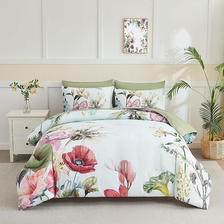 5 Piece Bed in a Bag Twin Size Comforter Set Botanical Floral Bedding Set,White Flower