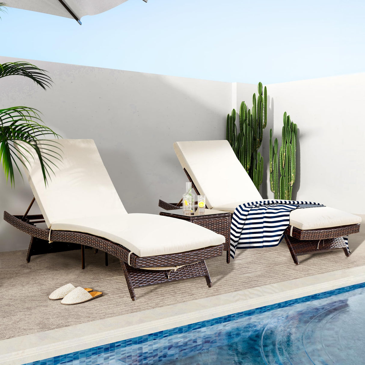 Patio Chaise Lounge Set 3 Pieces with Adjustable Backrest and Removable Cushion
