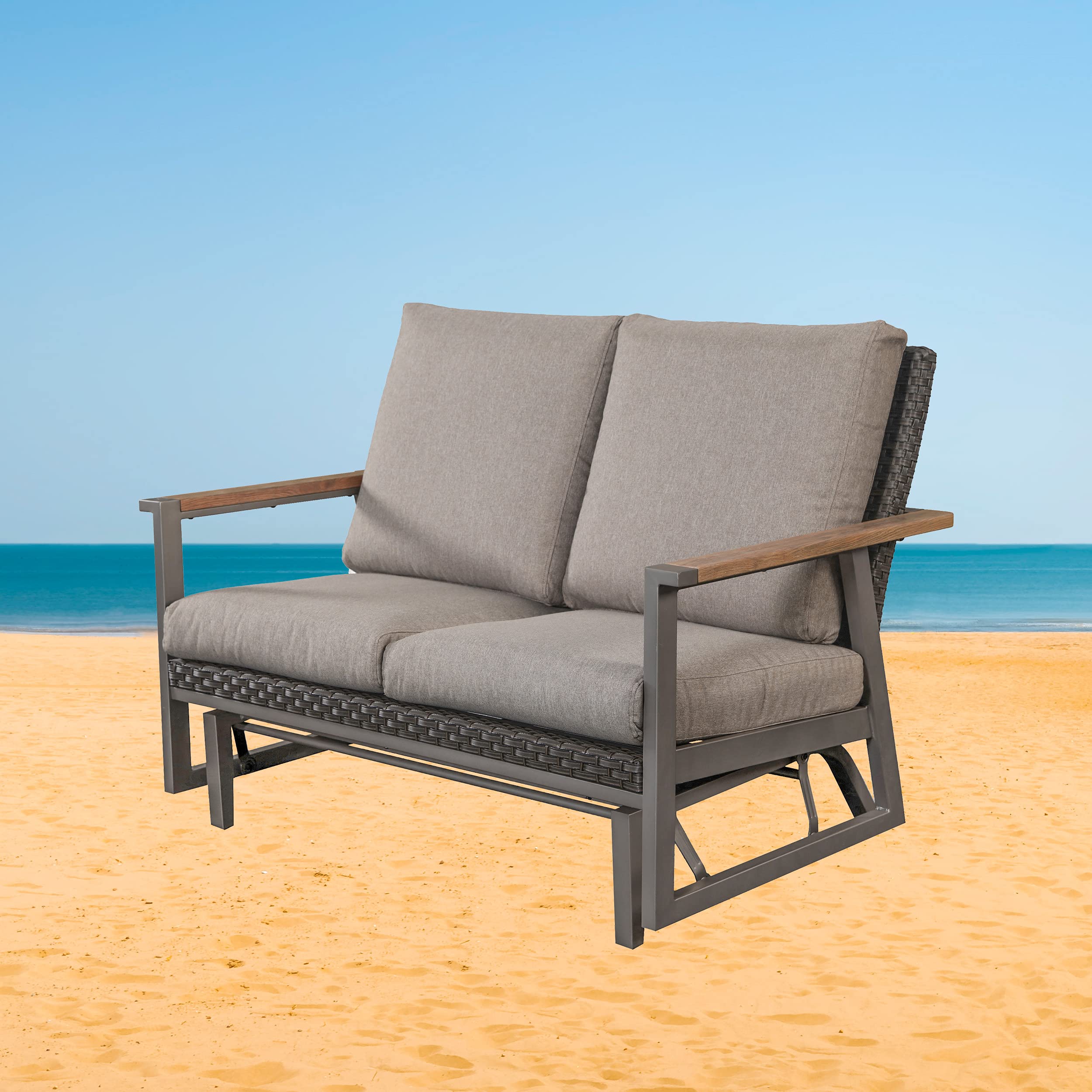 Patio Glider Loveseat Stable Steel Frame 2 Person Bench with Wooden Arms
