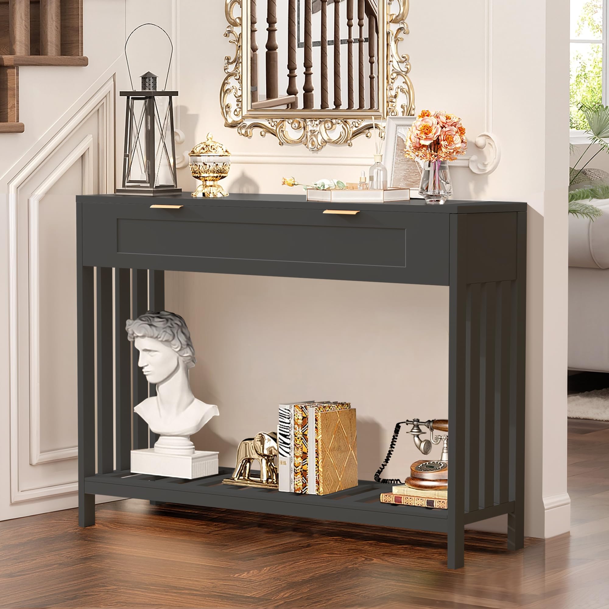 Console Table with Drawers - Narrow Entryway Table with Storage Shelf