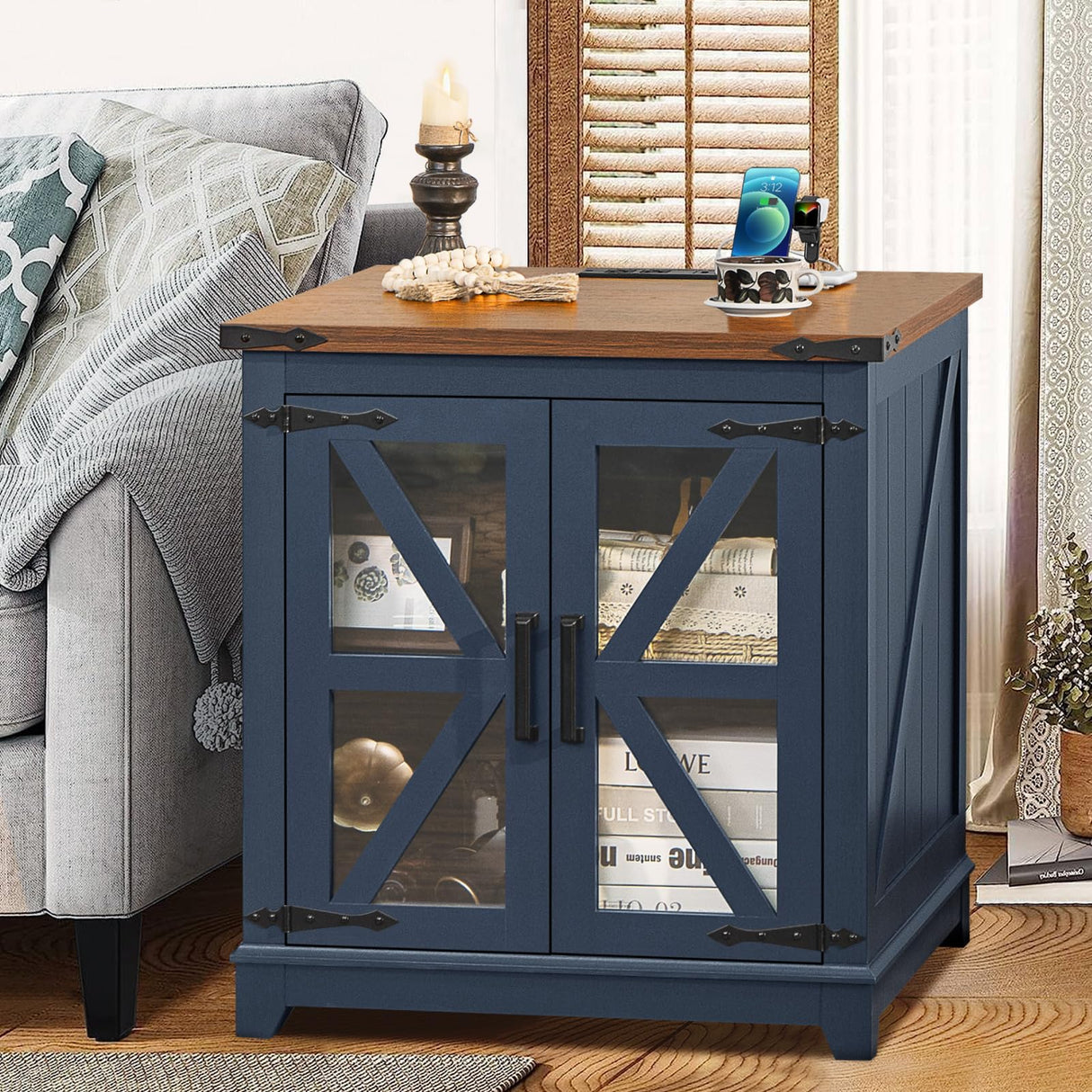 Farmhouse End Table with Charging Station, 24" Large Sofa Side Table