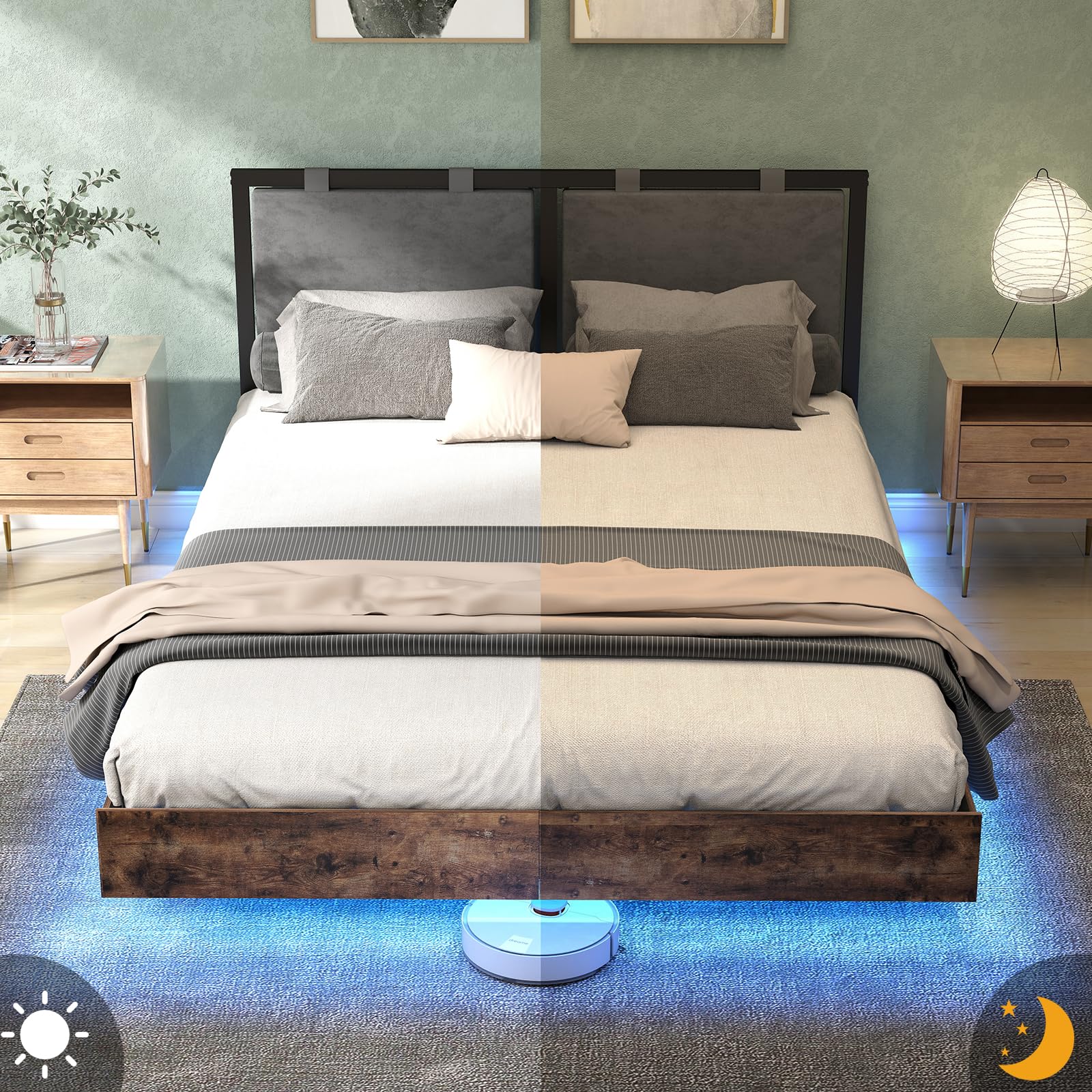 Floating Bed Frame Full with Velvet Upholstered Headboard, Metal Platform Bed Frame Full Size with LED Lights, Heavy Duty Steel Slats Support, No Box Spring Needed, Noise Free, Easy Assembly, Brown