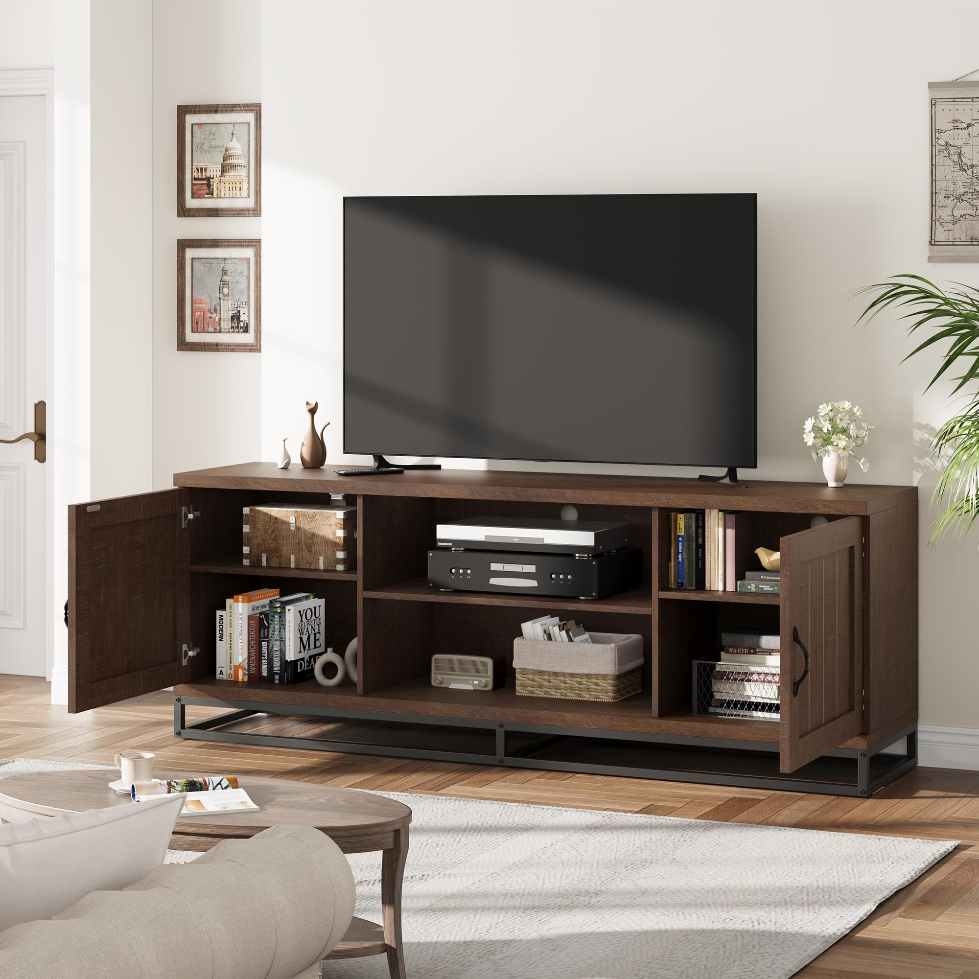 Farmhouse TV Stand for 75-Inch TVs - Walnut Entertainment Center
