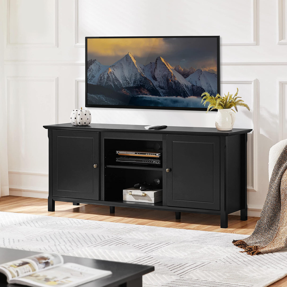 Black TV Stand for TVs up to 65 in, Modern Entertainment Center with Storage Space