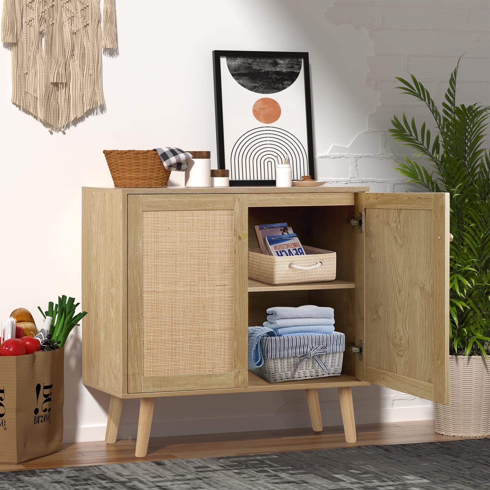 Rattan Cabinet, 2 Door Sideboard Buffet Cabinet with Adjustable Shelf