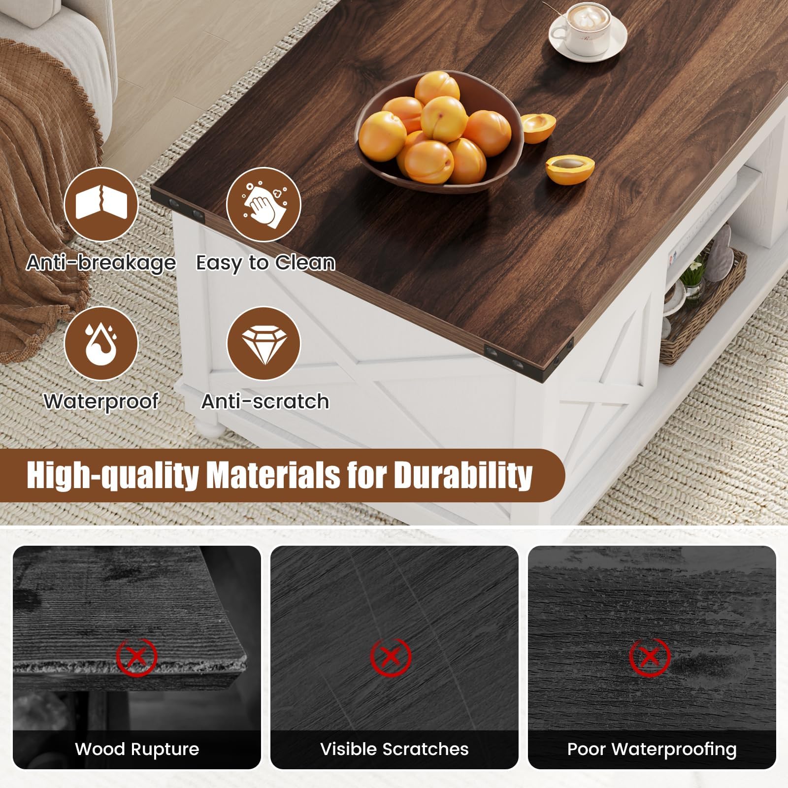 48" Farmhouse Lift Top Coffee Table with Storage Sliding Barn Door & Large Hidden