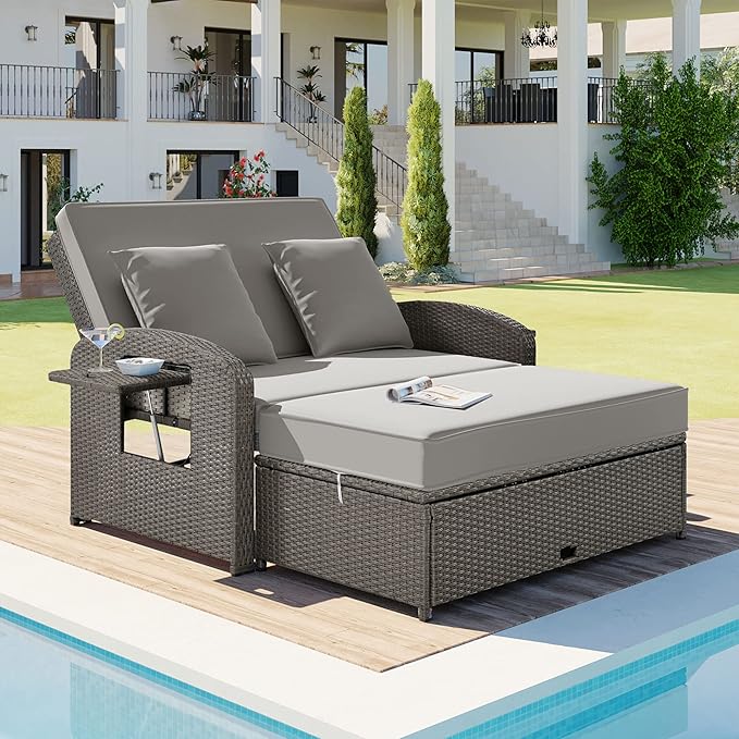 Outdoor Wicker Daybed with Cushions, Convertible Rattan Loveseat