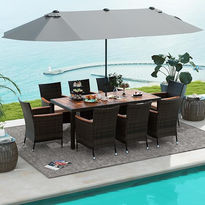 10 Piece Patio Rattan Dining Set with 15Ft Double-Sided Umbrella
