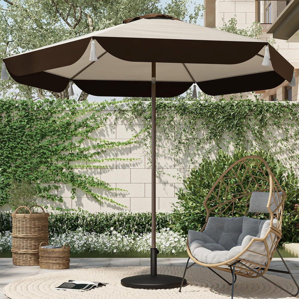 9FT Patio Umbrella with Fringe, Outdoor Tassel Umbrella with Push-Button Tilt for Poolside