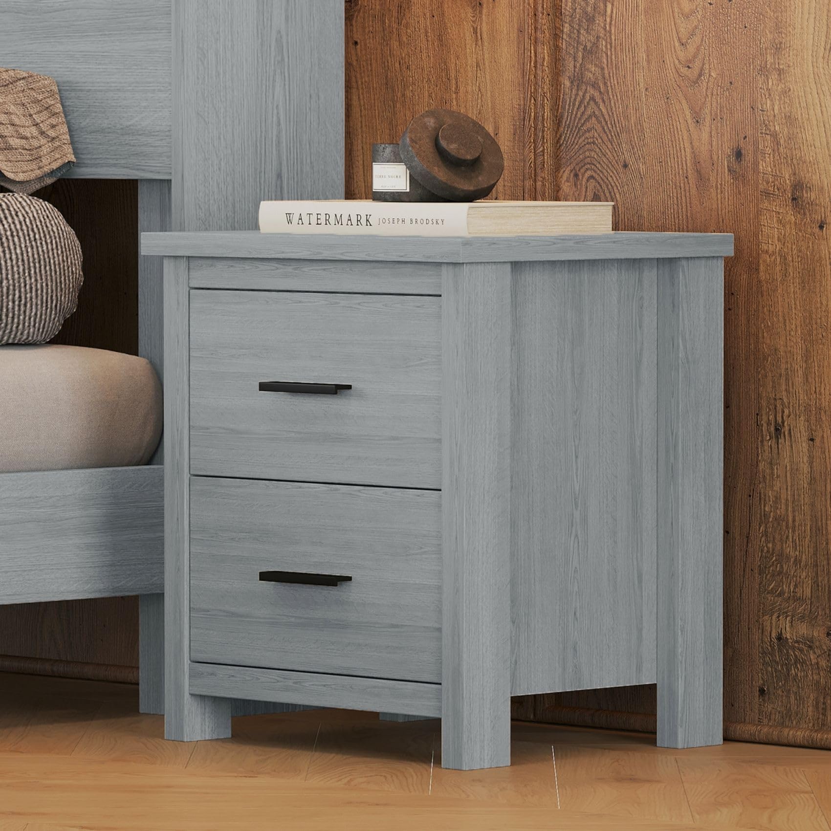 2 Drawers, Vintage Nightstand Wood Bedside End Table for Bedroom, Dorm, Light Gray