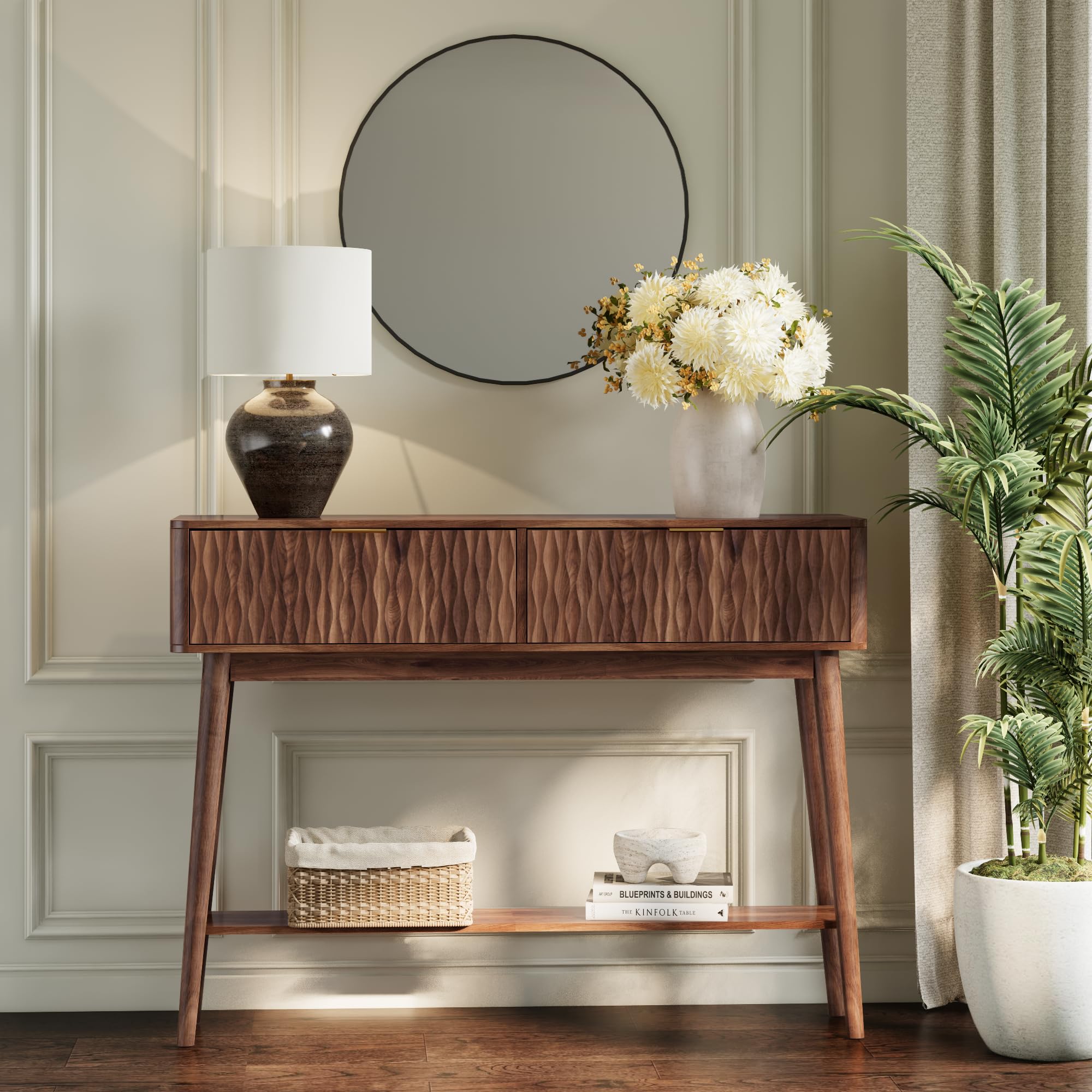 Fluted Console Table with Storage Drawers - Walnut