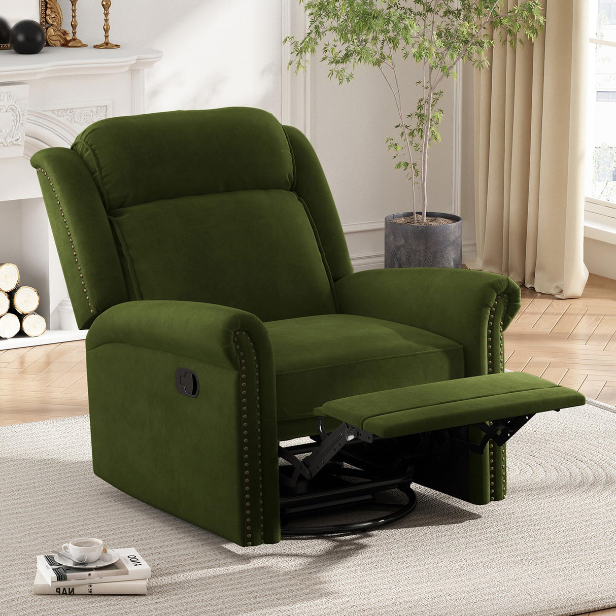 360° Swivel Recliner, Velvet Rocking Recliner Upholstered Recliner Chair, Rocker with Adjustable Backrest Nailhead Trims, Green