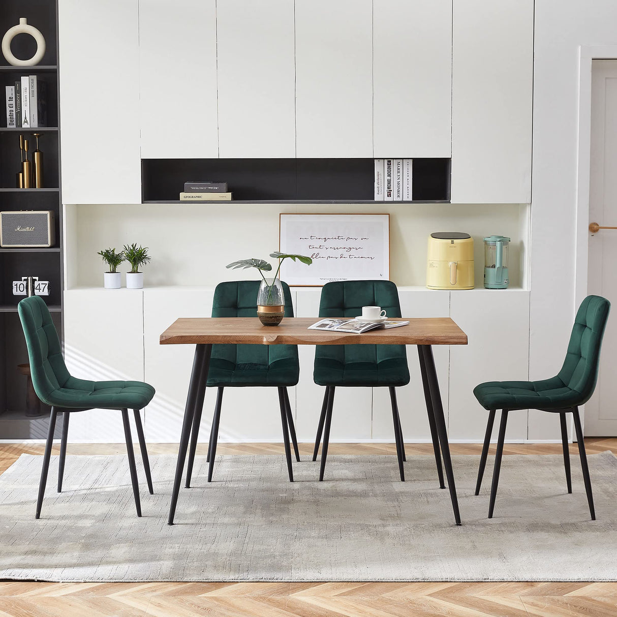 5-Piece Dining Table Set, 47 in Modern Irregular Rectangle Kitchen Table & 4 Forest Green