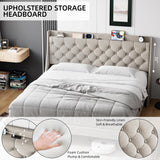 Queen Bed Frame with Charging Station and Wingback Headboard, Button Tufted