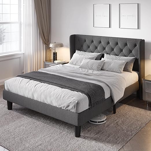 Queen Size Bed Frame with Button Tufted Wingback Headboard, Upholstered Platform