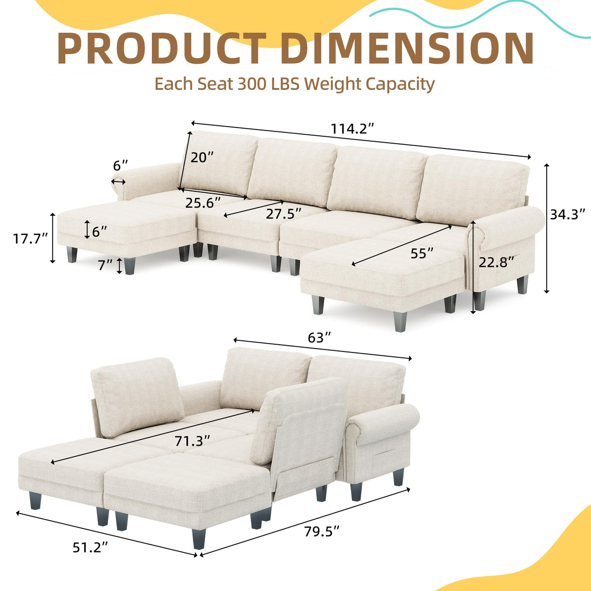 HOMREST Modular Sectional Sofa with Chaise, 115 Inch U Shaped Sectional Couches for Living Room, Convertible Sofa for Home Apartment Lounge, Cloud Couch with Movable Ottoman