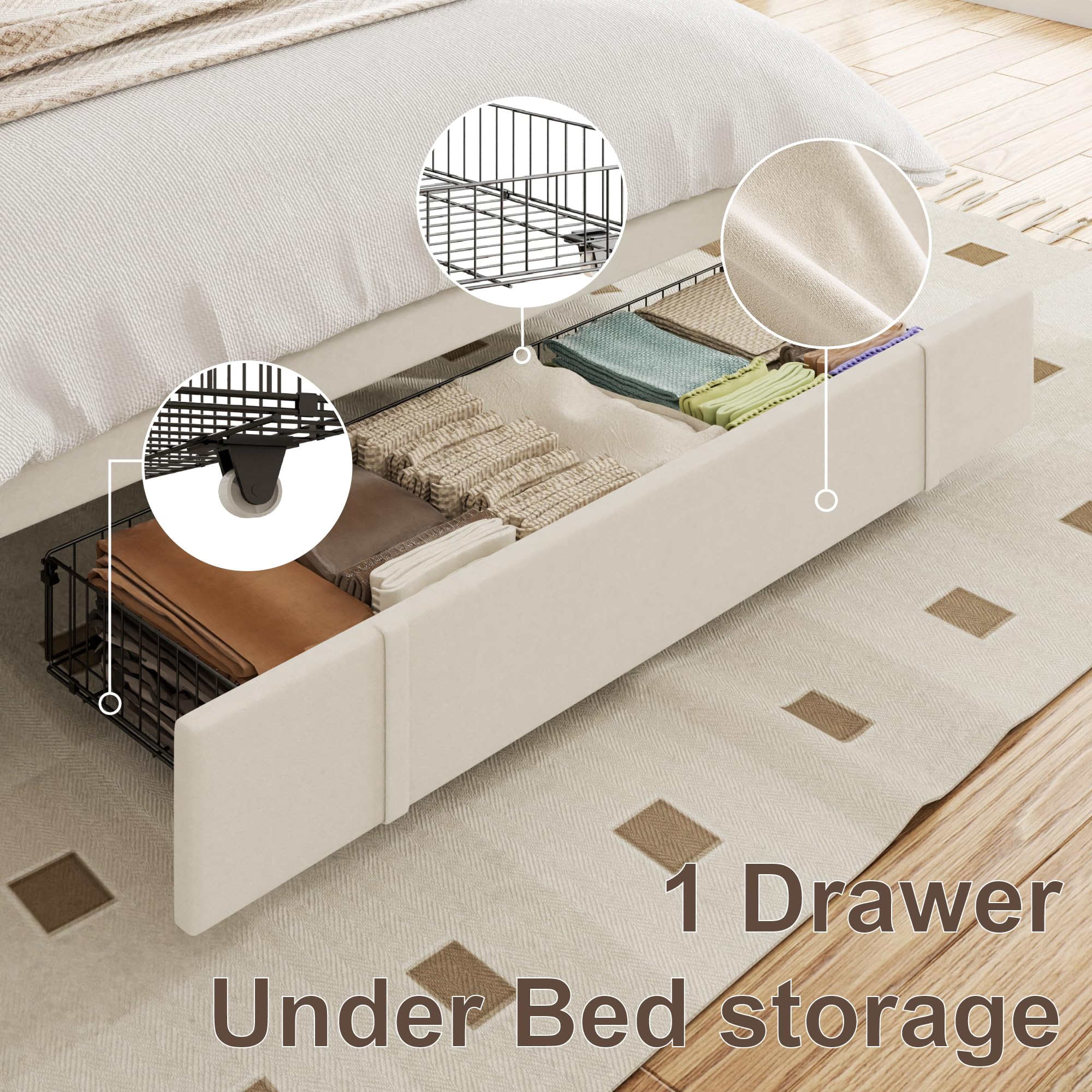 SwnftWinnt Full Bed Frame with Storage Drawers, Upholstered Platform Bed with Wingback Headboard, Solid Wooden Slats Support, Easy Assembly, No Box Spring Needed, Beige