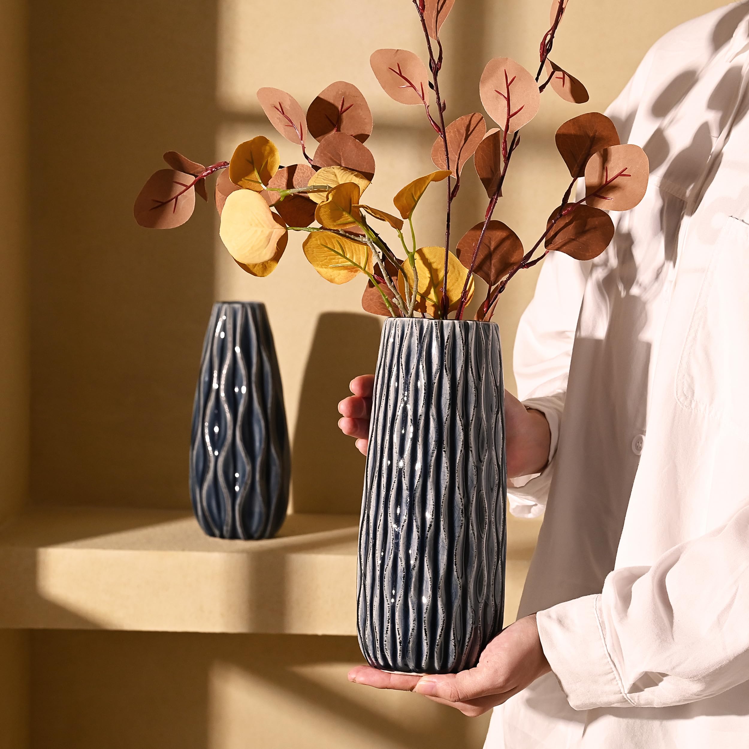 Ceramic Vase for Flowers, 9.5'' Set of 2 Decorative Vintage Blue Vases for Home Decor,