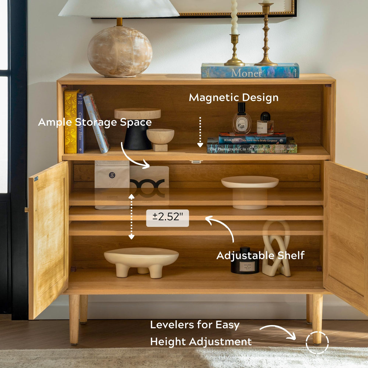 EYYTHUNG Rattan Sideboard Cabinet, Boho Buffet Storage Cabinet Farmhouse Credenza Cabinet with Doors and Adjustable Shelves for Living Room, Dining Room,Entryway, Kitchen(Natural Oak)