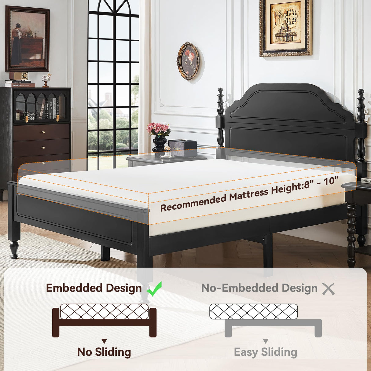 Solid Wood Queen Bed Frame with Headboard - Heavy Duty Platform Bed, No Box Spring Needed