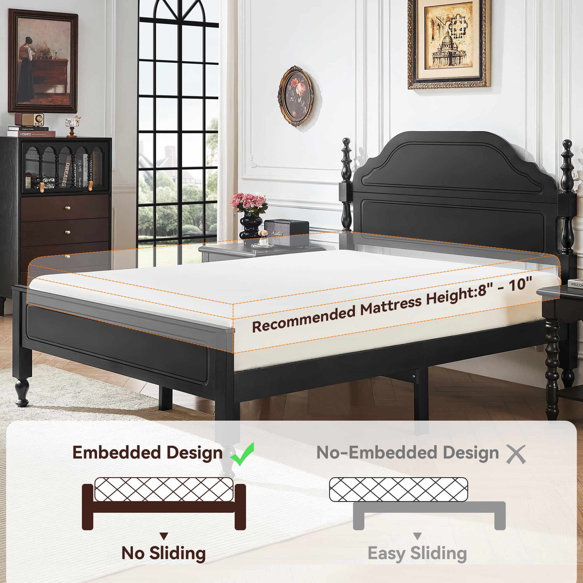 Solid Wood Queen Bed Frame with Headboard - Heavy Duty Platform Bed, No Box Spring Needed