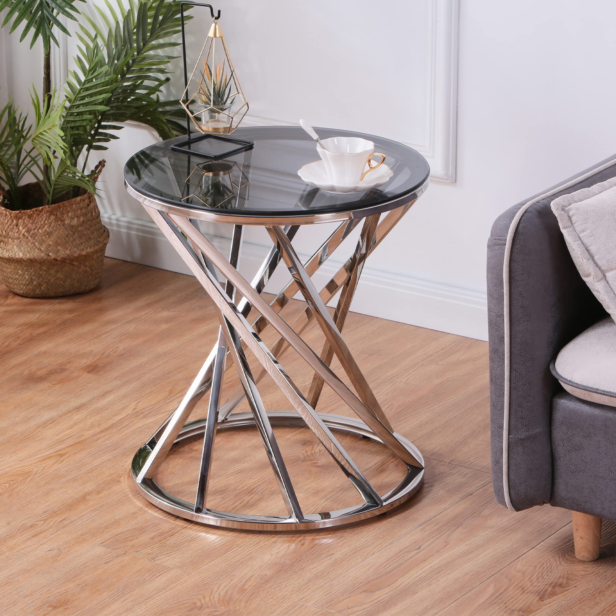 Glass Round End Table Silver Side Table Modern Spiral Center Small Side