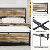 King Size Bed Frame with Wooden Headboard Footboard, Farmhouse Metal King