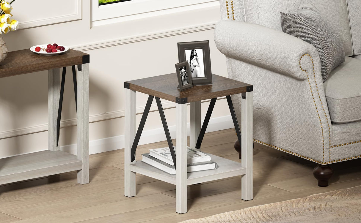 Farmhouse End Table Set of 2, Rustic Vintage Nightstand Side Table with Shelf