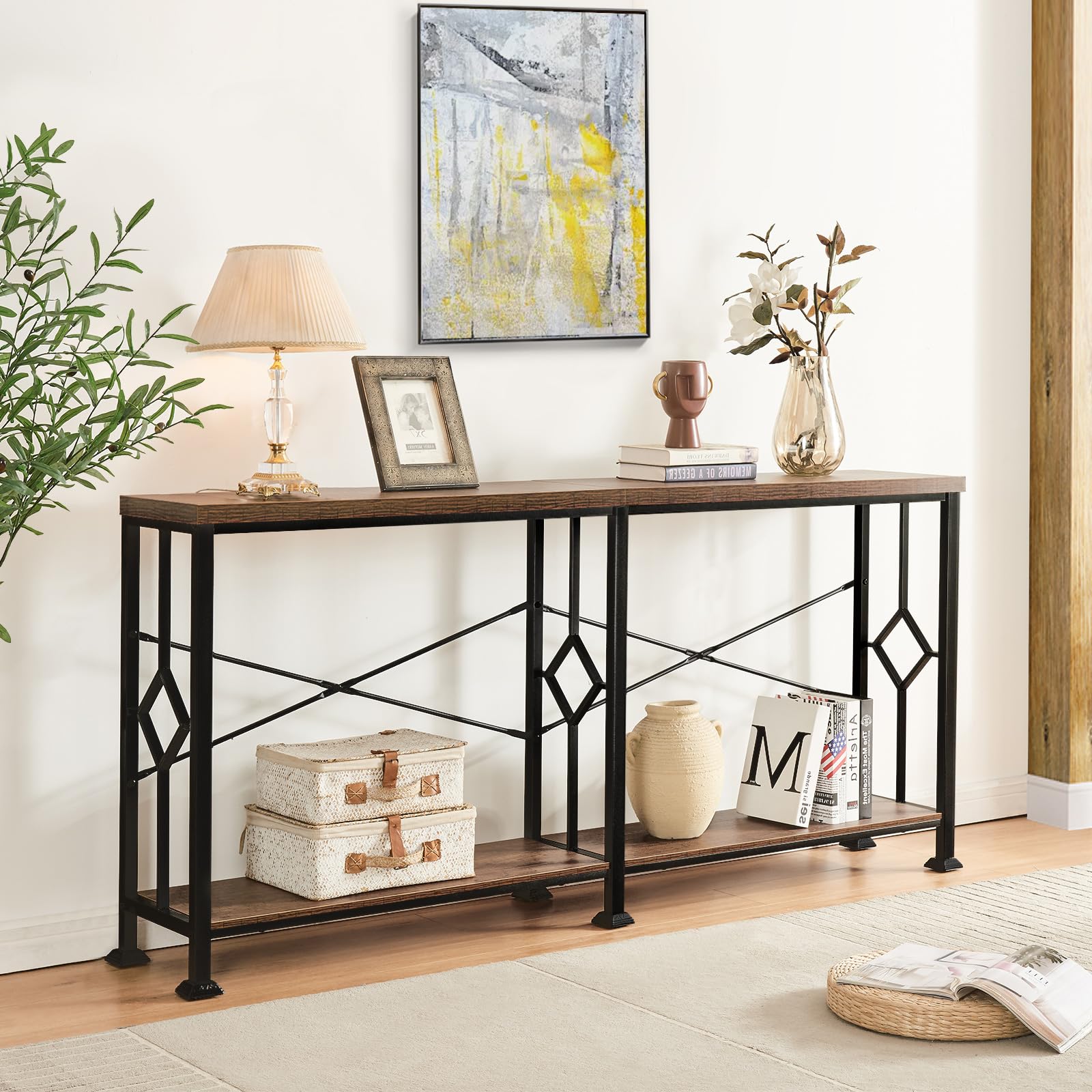 70.9" Industrial Console Table with 2-Tier Storage Shelf