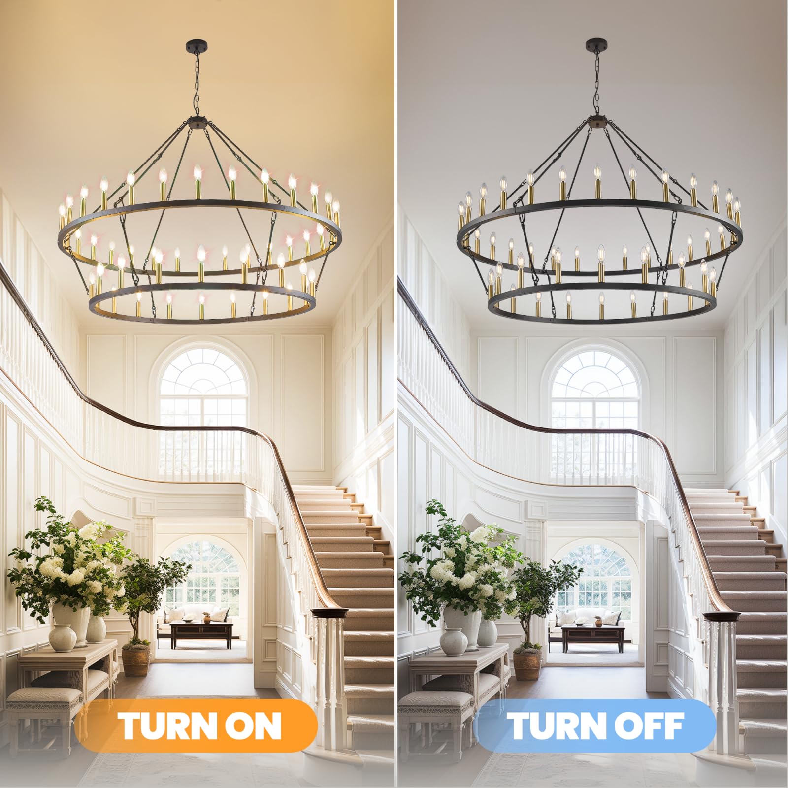 55 Inch Black and Gold Wagon Wheel Chandelier, 2 Tier 48-Lights Farmhouse Dining Room