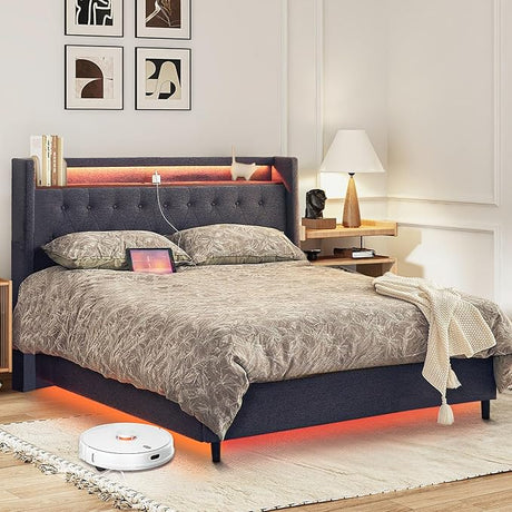 Bed Frame with LED Lights and Charging Station, Upholstered Bed Frame, Tufted Button