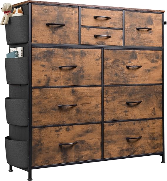 Dresser for Bedroom with 10 Drawers, Fabric Dresser Chest of Drawers with Side Pockets