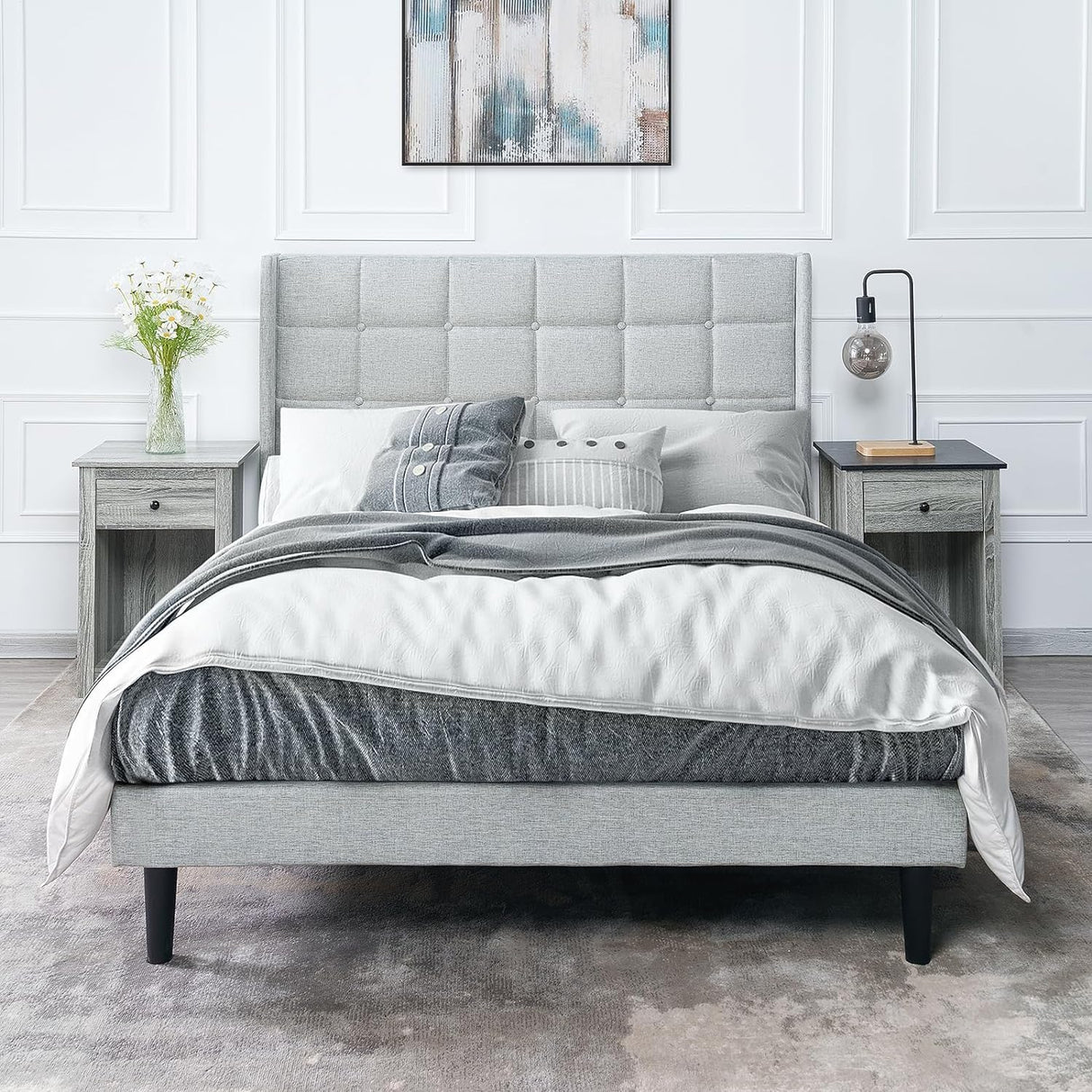 Bed Frame with Upholstered Headboard, Platform Bed Frame Featuring Linen Fabric