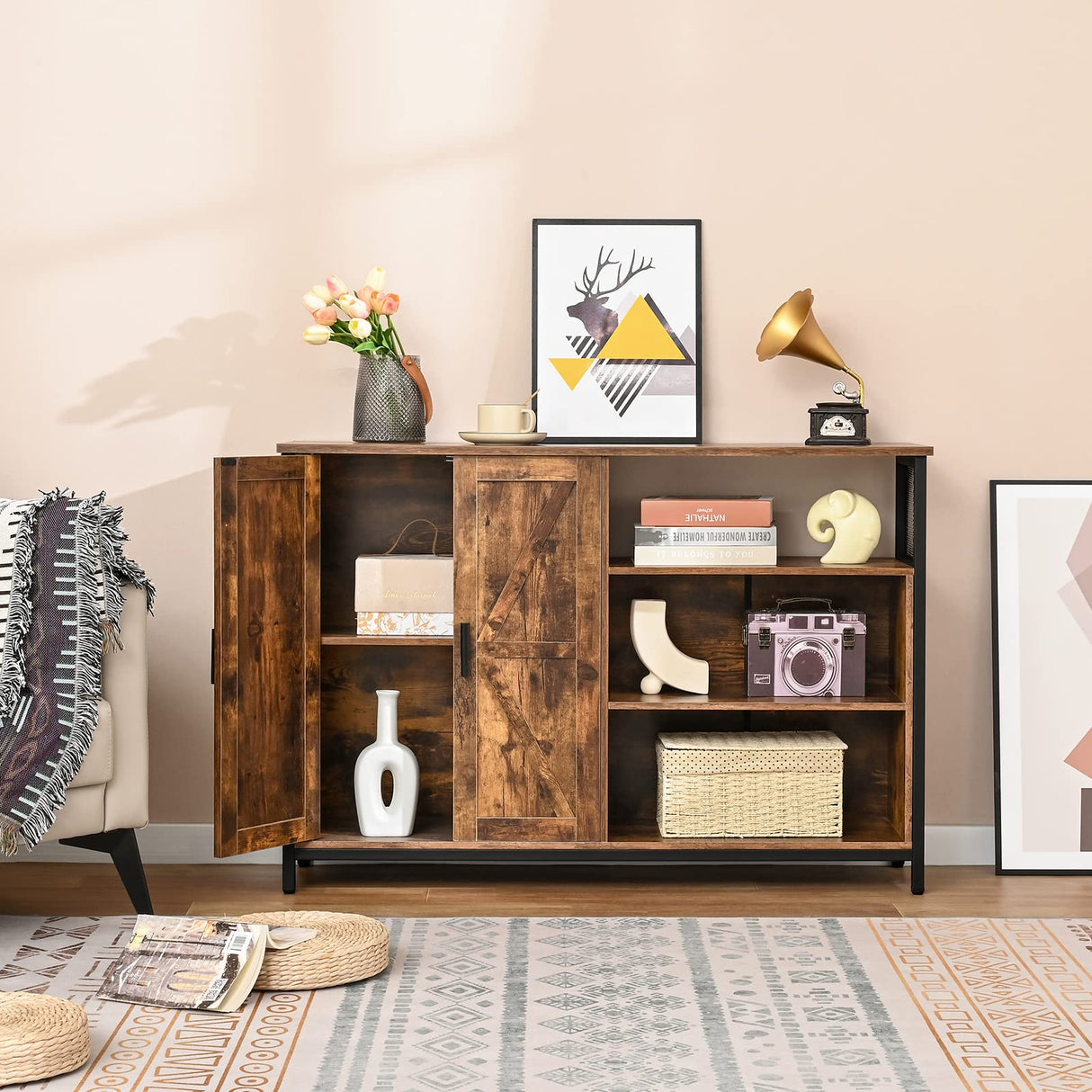 Floor Storage Cabinet, Buffet Storage Cabinet with 2 Barn Doors, Industrial Sideboard with Adjustable Shelves,