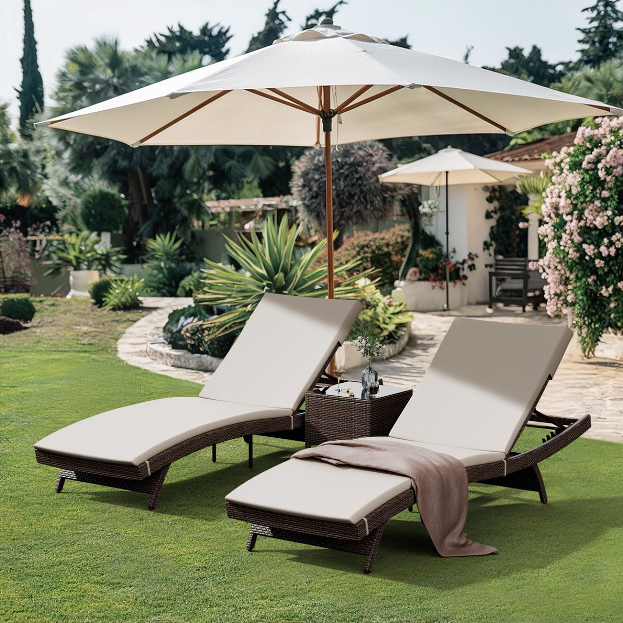 Patio Chaise Lounge Set 3 Pieces with Adjustable Backrest and Removable Cushion