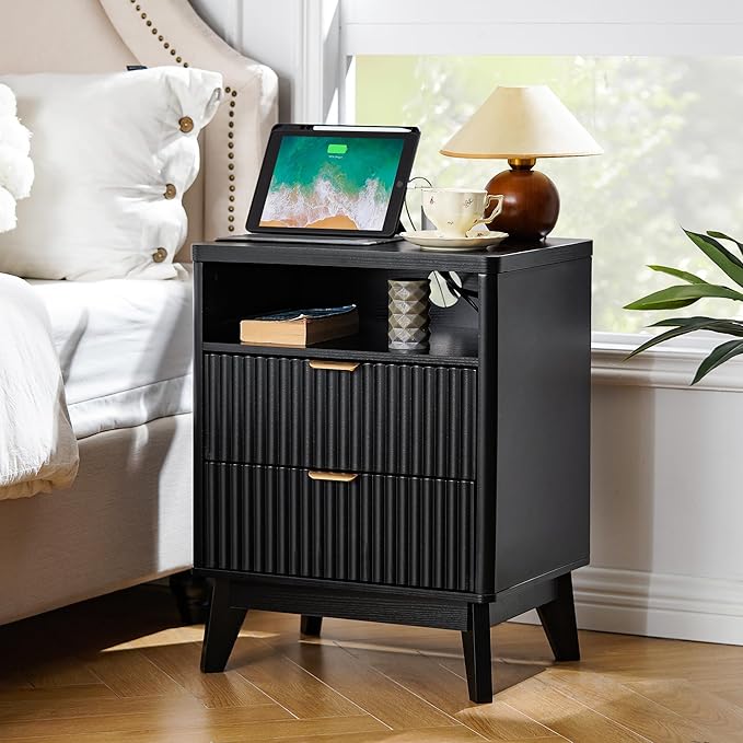 Fluted Nightstand with Charging Station, 19.7 inch Wide End Table with 2 Drawers, Modern Wood Bedside Table for Bedroom, Natural