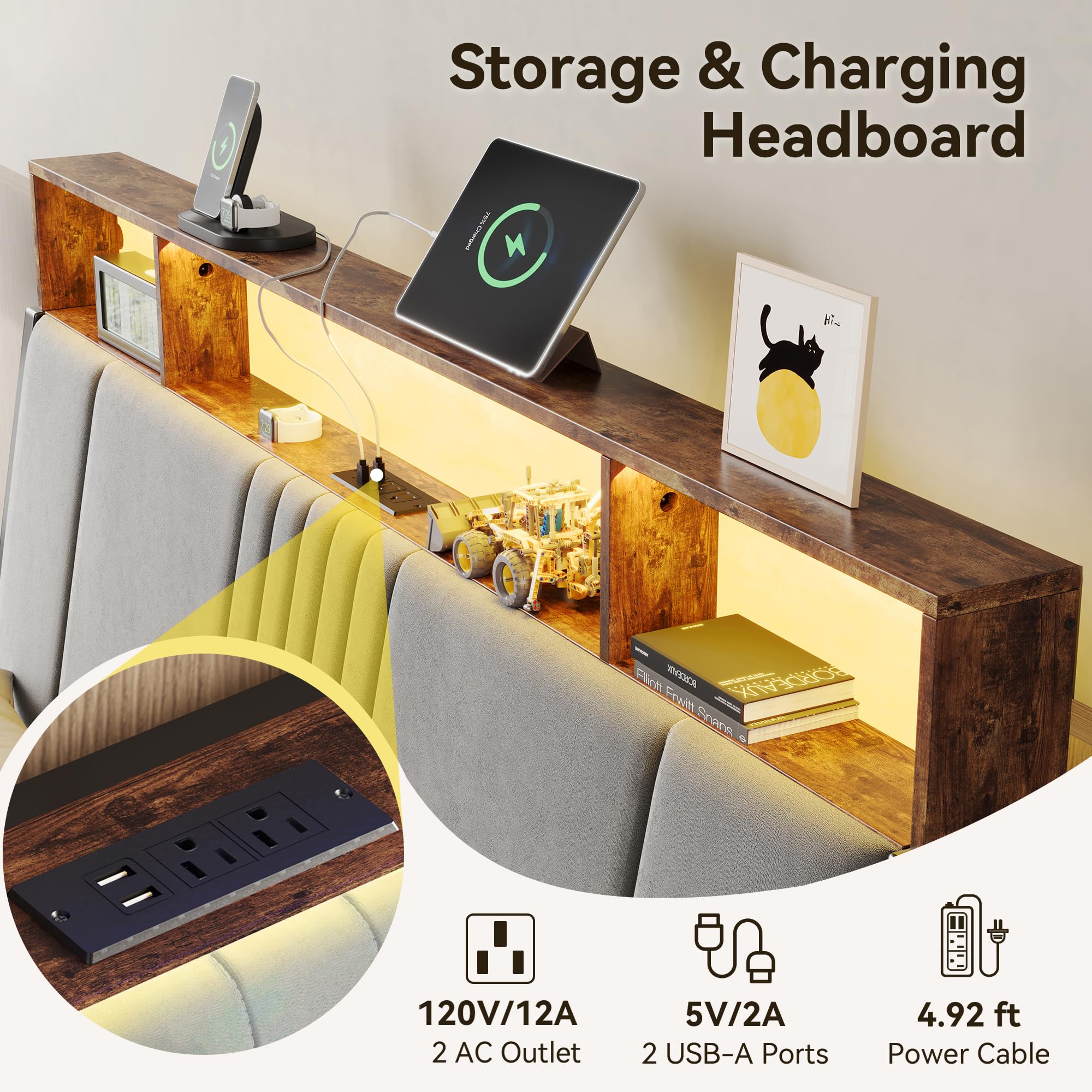 Full Size Upholstered Platform Bed with LED Lights and Charging Station